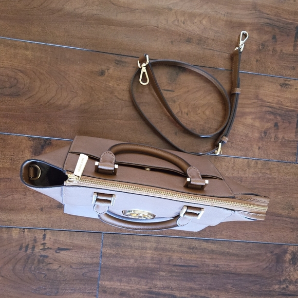 Michael Kors MK Classic Logo Hudson Saffiano Leather Handbag Satchel Brown Gold - Picture 10 of 16